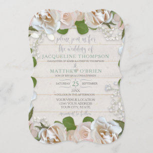 Rustic Farm Barn Blush Rose Floral Modern Wreath Invitation
