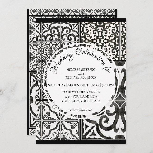 Rustic Farm Barn Modern Tile Black White Wedding Invitation (Front/Back)