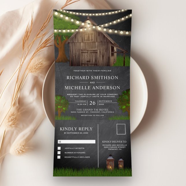 Rustic Farm Barn String Lights Chalkboard Wedding Tri-Fold Invitation (Creator Uploaded)