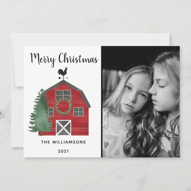 Rustic Farm Buffalo Plaid Photo Christmas Card  (Front)