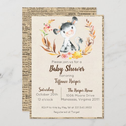 Rustic Farm Cow Baby Shower Invitation