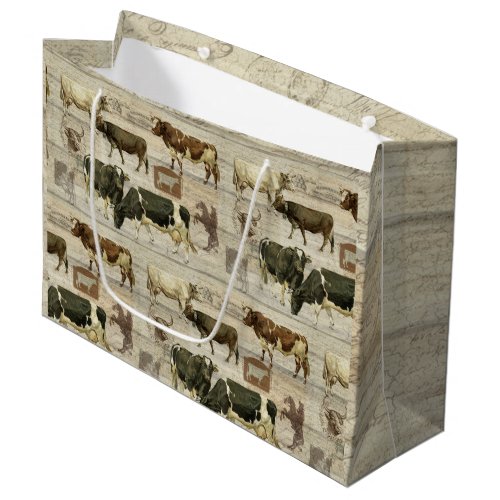 Rustic Farm Cow Masculine Dad Tan Wooden Pattern Large Gift Bag