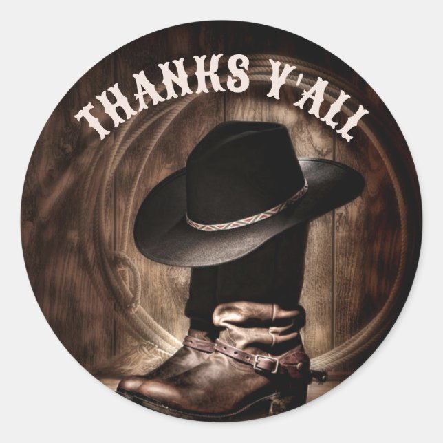 rustic farm cowboy boots western party favor classic round sticker (Front)
