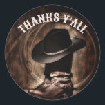 rustic farm cowboy boots western party favor classic round sticker<br><div class="desc">Add a touch of western charm to your event with our Rustic Farm Cowboy Boots Western Party Favor Stickers. Perfect for personalizing party favors, these stickers feature classic cowboy boot designs and rustic elements that capture the essence of country living. Made from high-quality materials, they are durable and easy to...</div>