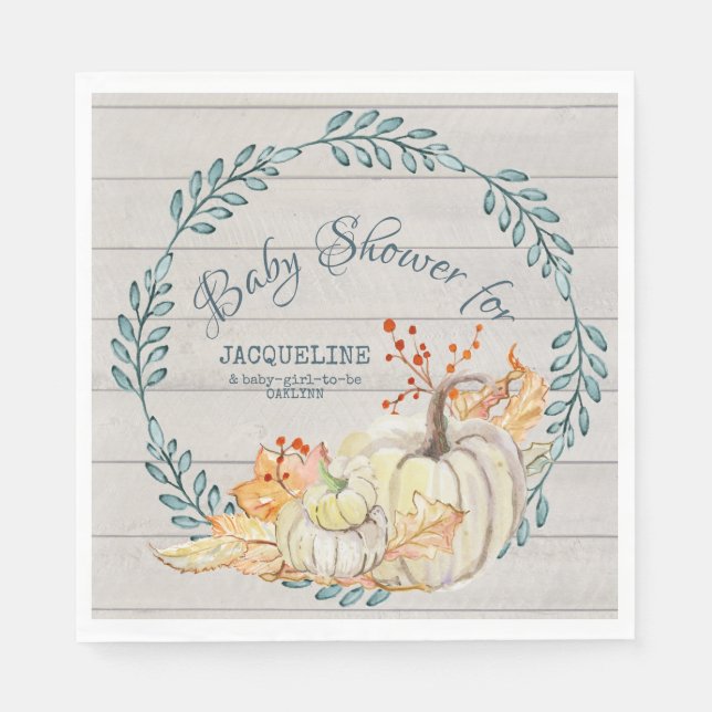 Rustic Farm Fall Wreath n Pumpkin Baby Shower Napkins (Front)
