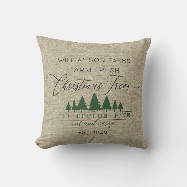 Rustic Farm Fresh Christmas Trees Family Name Thro Throw Pillow (Front)