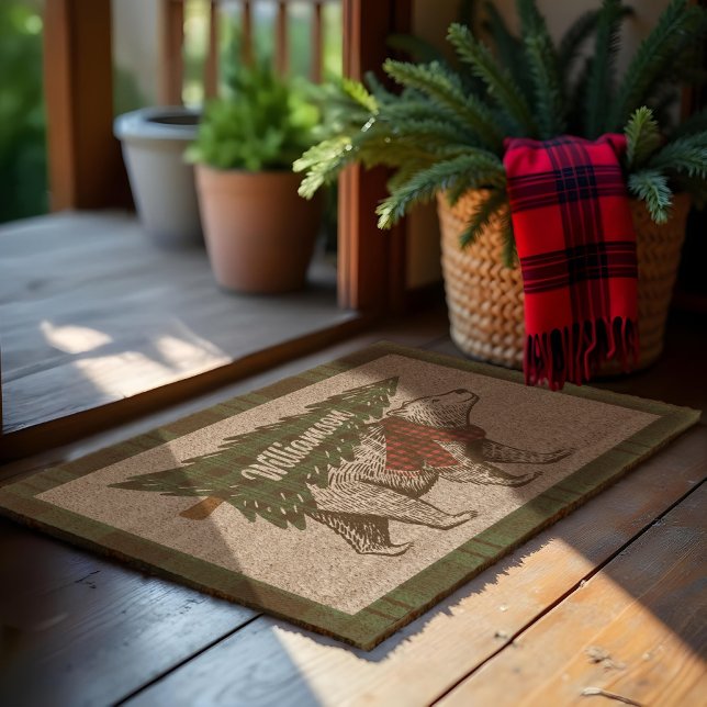 Rustic Farm Fresh Christmas Trees Plaid Polar Bear Fiber Doormat (Rustic Farm Fresh Christmas Trees Plaid Polar Bear Doormat)