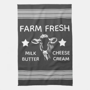 Rustic Farm Fresh Dairy Cow & Stripes Kitchen Towel