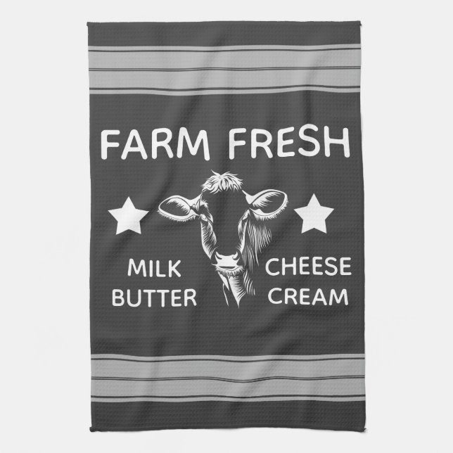 Rustic Farm Fresh Dairy Cow & Stripes Kitchen Towel (Vertical)