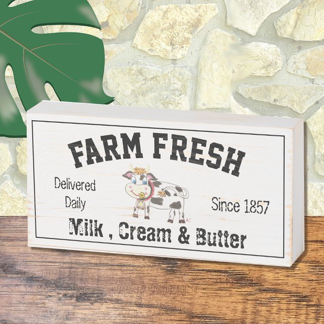 Rustic Farm Fresh Produce Wooden Box Sign with Cow (Creator Uploaded)