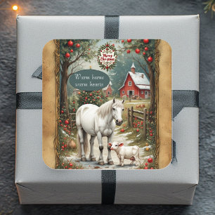 Rustic Farm Horse Lamb Red Barn Merry Christmas Square Sticker