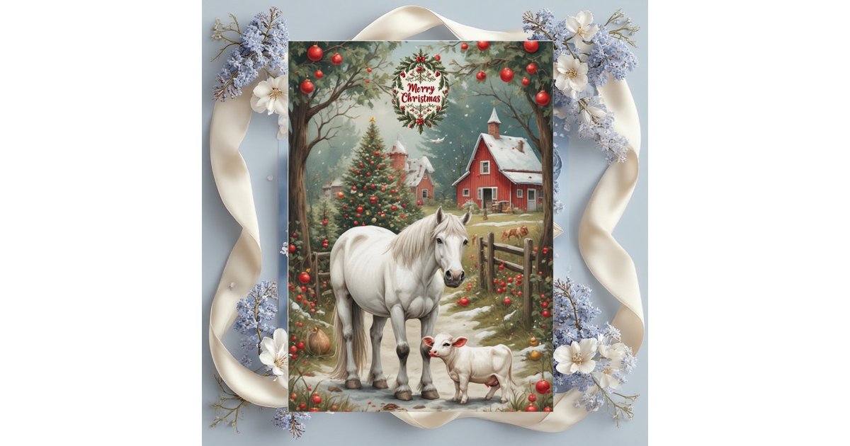 Rustic Farm Horse Red Barn Merry Christmas Card | Zazzle