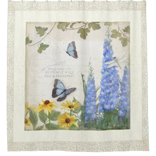 Rustic Farm House Vintage Butterfly Dragonfly Art Shower Curtain