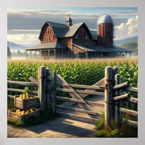 Rustic Farm House with a Cornfield Ai Art Poster