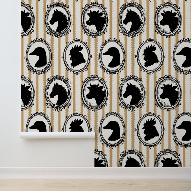 Rustic Farm Kitchen Barnyard Black & Khaki Stripe Wallpaper (Application)