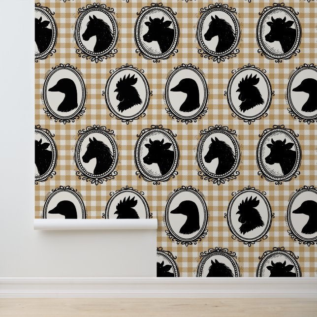 Rustic Farm Kitchen Barnyard Gingham Black & Khaki Wallpaper (Application)