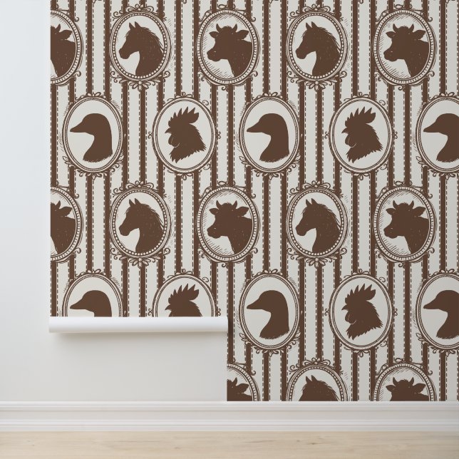 Rustic Farm Kitchen Barnyard Mocha Ticking Stripe Wallpaper (Application)