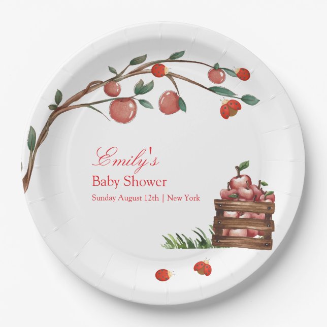 Rustic Farm Ladybug Apple Girl Baby Shower Paper Plates (Front)