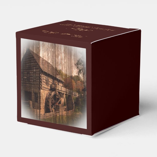 rustic farm old barn country mill wedding favor boxes (Back Side)