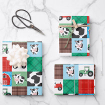 Rustic Farm Patchwork Cow Plaid Kids Birthday Wrapping Paper Sheets