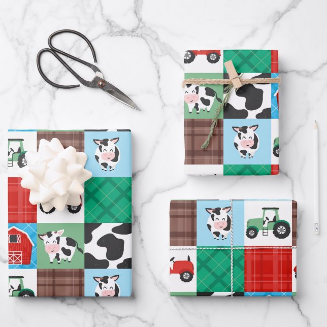 Rustic Farm Patchwork Cow Plaid Kids Birthday Wrapping Paper Sheets (Front)
