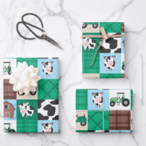 Rustic Farm Patchwork Cow Plaid Kids Birthday Wrapping Paper Sheets