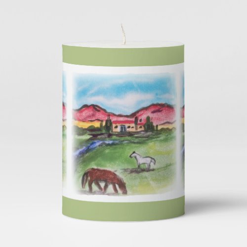 Rustic Farm Ranch Watercolor Horse Scene Green Pillar Candle