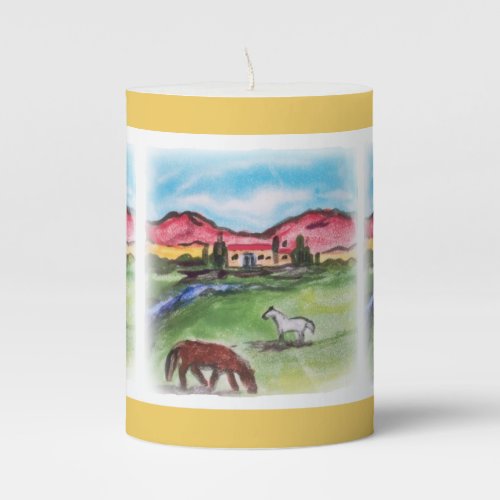 Rustic Farm Ranch Watercolor Horse Scene Yellow Pillar Candle