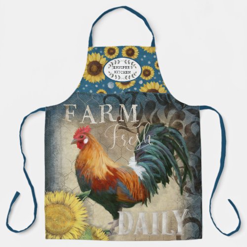 Rustic Farm Rooster Sunflowers Blue Kitchen Name A Apron