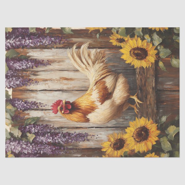 Rustic Farm Rooster with Sunflowers and Wisteria Tissue Paper (Front)