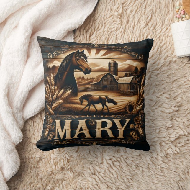 Rustic Farm Scene Featuring Horse and Barn Throw Pillow (Blanket)