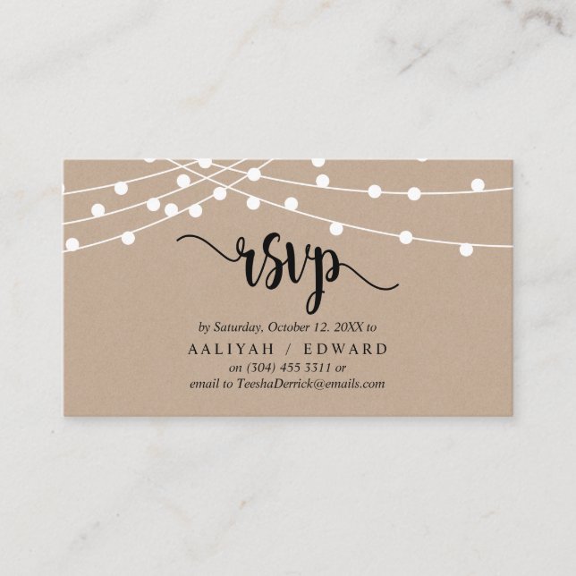 Rustic Farm String lights, Black, RSVP respond Enclosure Card (Front)