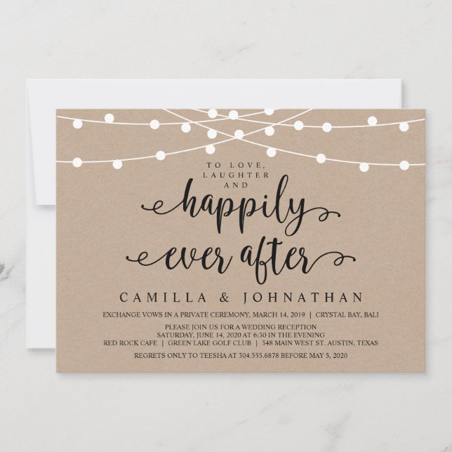 Rustic Farm String Lights, Kraft Wedding Elopement Invitation (Front)