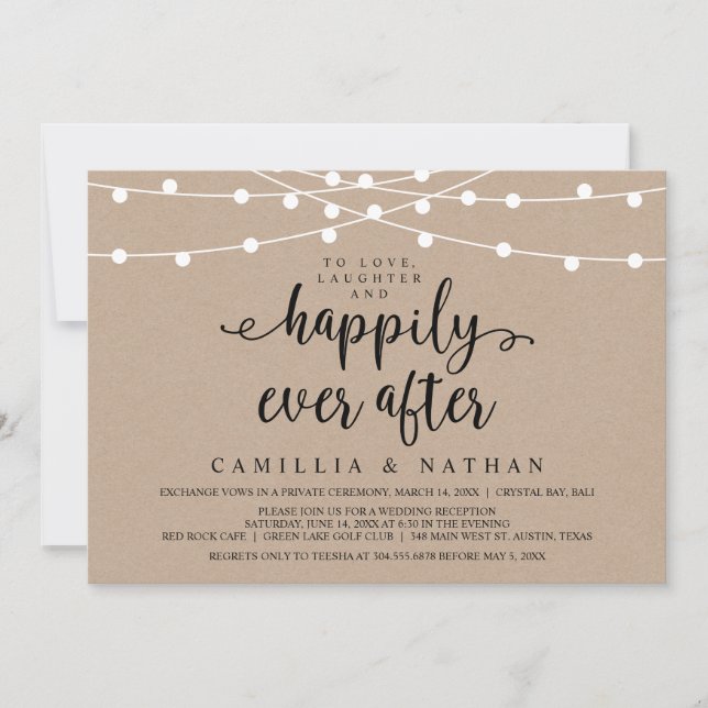 Rustic Farm String Lights, Kraft Wedding Elopement Invitation (Front)