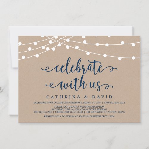 Rustic Farm String Lights Navy Wedding Elopement Invitation