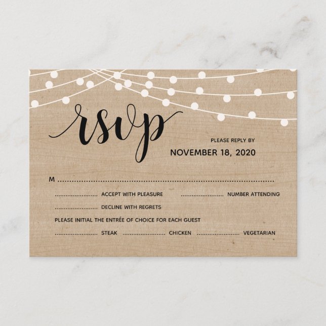 Rustic farm string lights wedding rsvp reply card (Front)