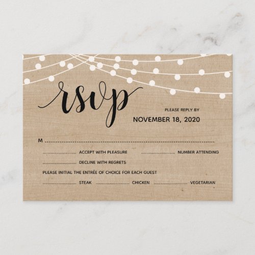 Rustic farm string lights wedding rsvp reply card