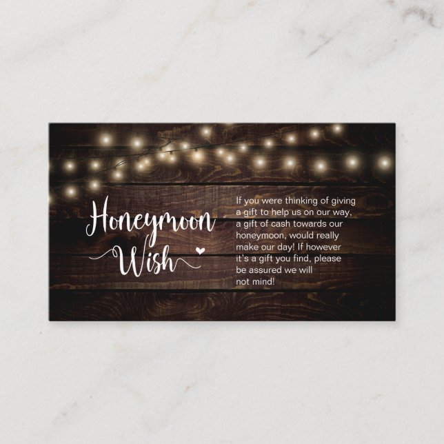 Rustic Farm String Lights, Wood, Honeymoon Wish Enclosure Card (Front)
