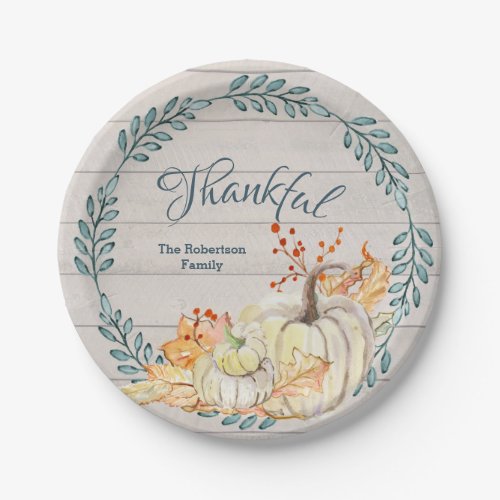 Rustic Farm Thanksgiving Family Watercolor Pumpkin Paper Plates