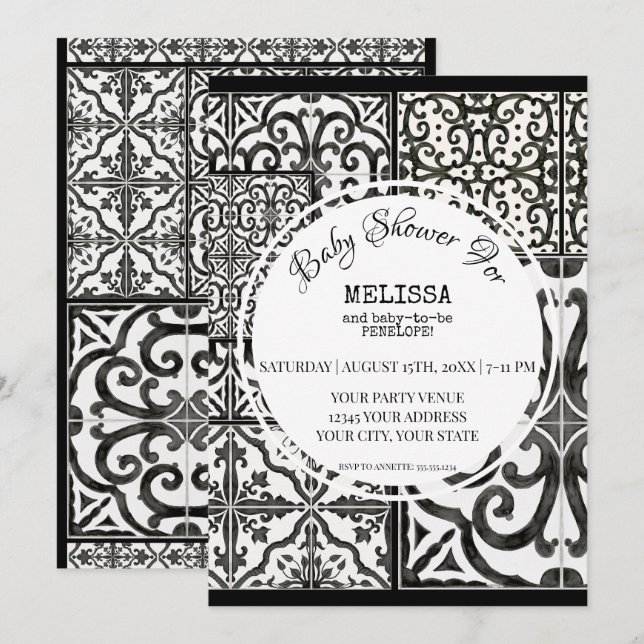 Rustic Farm Tile Black White Modern Baby Shower Invitation (Front/Back)