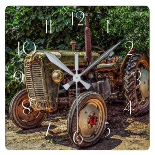 Rustic farm tractor square wall clock