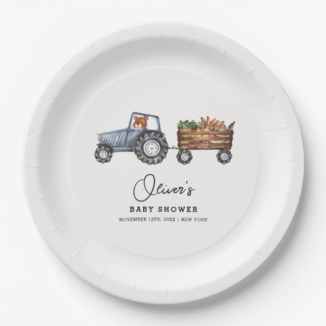 Rustic Farm Tractor Teddy Bear Baby Shower  Paper Plates (Front)
