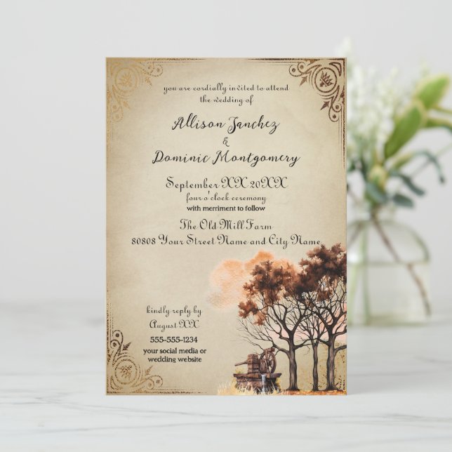 Rustic Farm Trees Romantic Autumn Wedding Invitation (Standing Front)