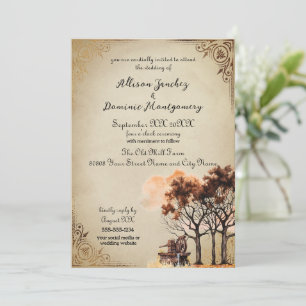 Rustic Farm Trees Romantic Autumn Wedding Invitation