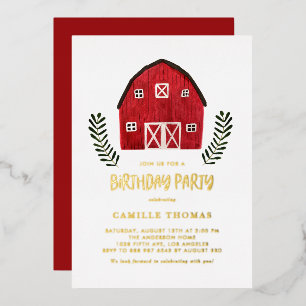 Rustic Farm Watercolor Red Barn Birthday Party Foil Invitation