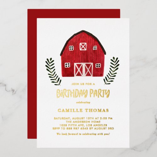 Rustic Farm Watercolor Red Barn Birthday Party Foil Invitation