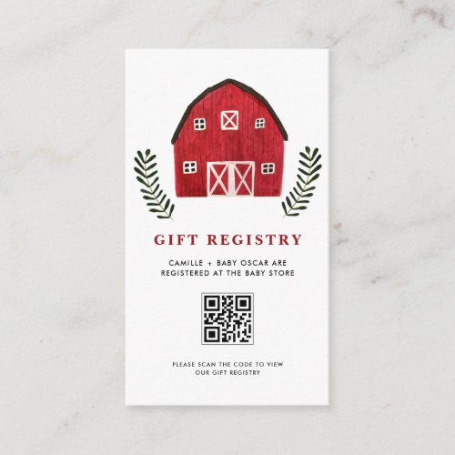 Rustic Farm Watercolor Red Barn QR Code Registry Enclosure Card