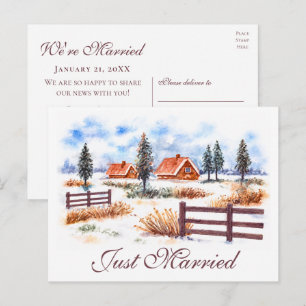 Rustic Farm Watercolor Winter Wedding Just Married Announcement Postcard