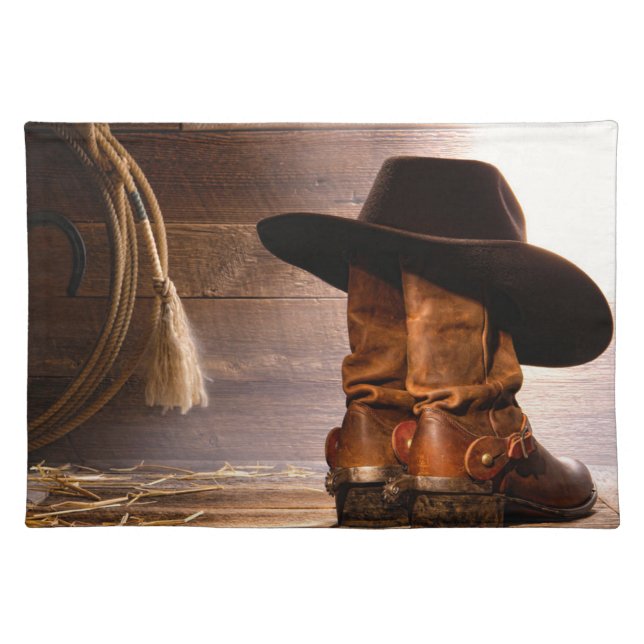 Rustic Farm western country barn wood cowboy boots Cloth Placemat (Front)