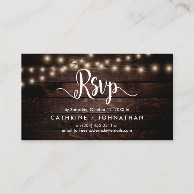 Rustic Farm Wood, String Lights, RSVP respond Enclosure Card (Front)